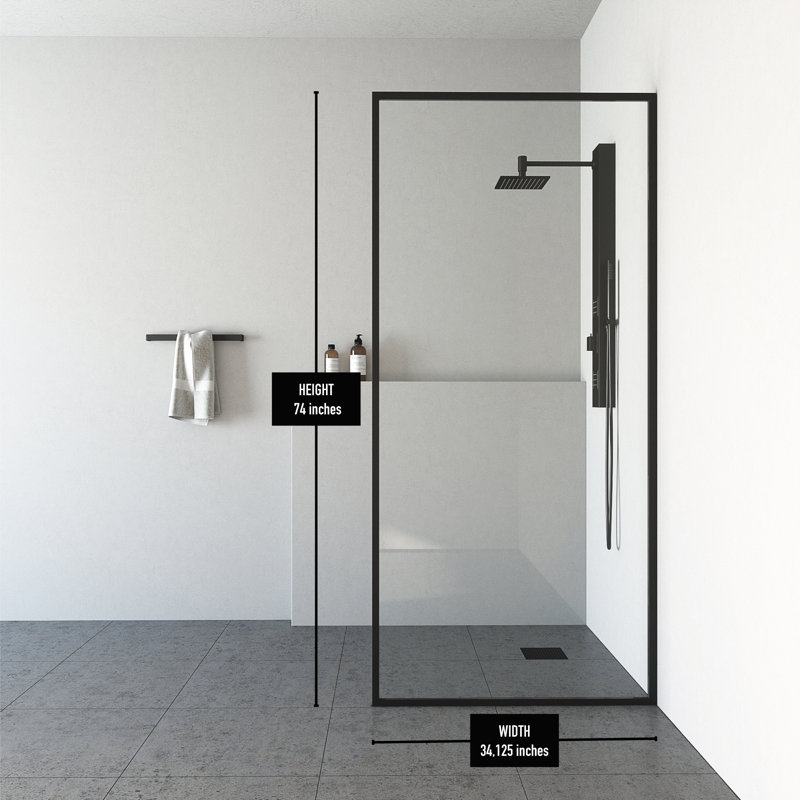 Écran de douche à cadre fixe de l 34 po x H 74 po avec verre de 3/8 po Meridian, Noir mat transparent