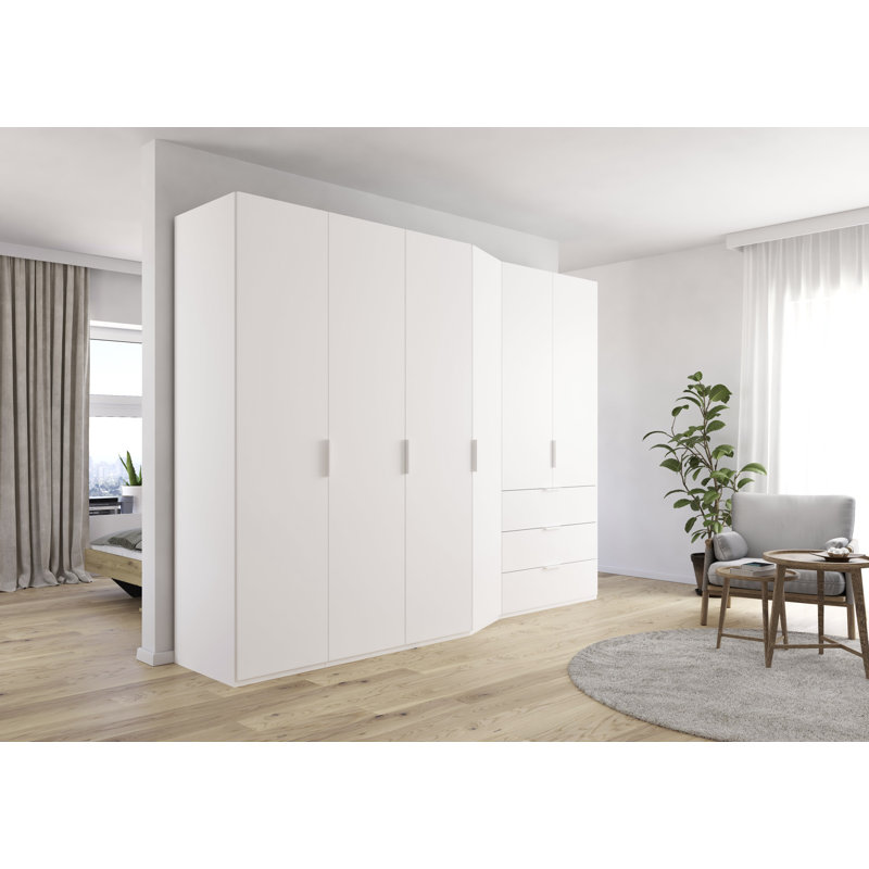 Wavero 5-6 Hinged Door Wardrobe in 3 colours 3 Drawer INCL. Delivey and Assembly, Alpine White, 223cm H x 297cm W x 60cm D