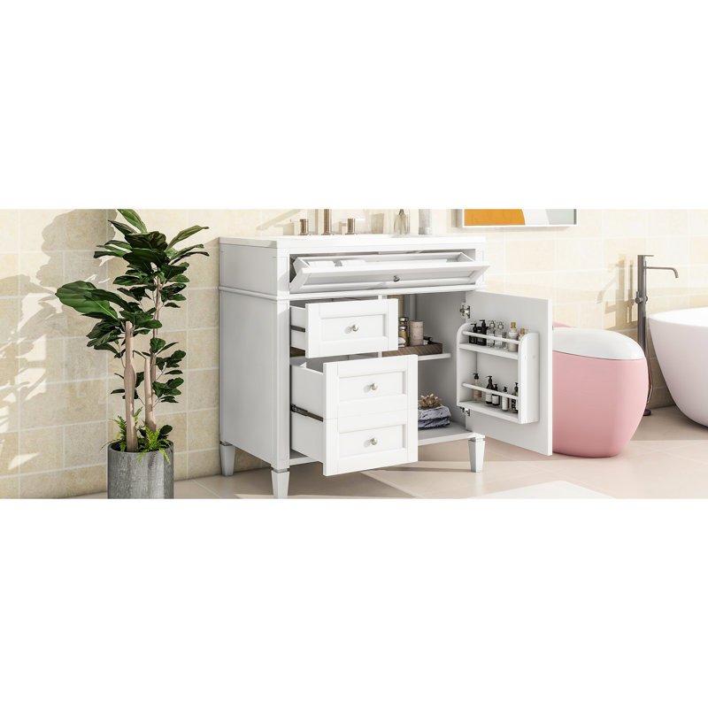 Meuble-lavabo de 36 po avec lavabo en céramique, 2 tiroirs et tiroir escamotable, White