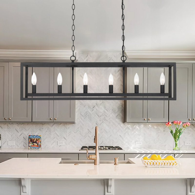 Pitman 6 - Light Kitchen Steel Island Linear Square / Rectangle Dimmable Chandelier, Aged Zinc