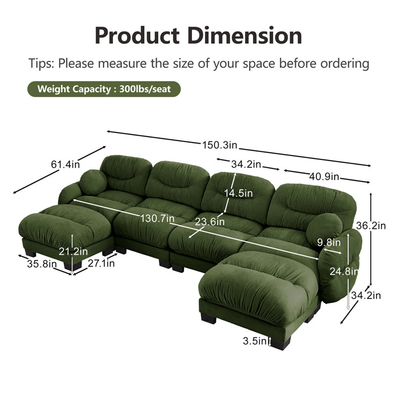 Canapé modulaire confortable à 4 places en tissu de chenille plissé avec siège ergonomique en mousse haute densité, canapé modulaire en forme de U avec 2 repose-pieds, accoudoirs arrondis arrondis et 2 coussins décoratifs ronds