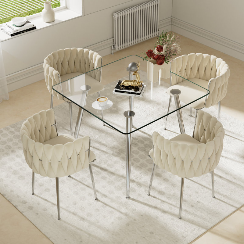 Ensemble de salle à manger à piédestal carré avec chaise tissée, Beige