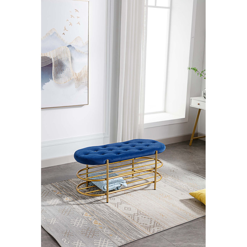 Banc de rangement en velours Rosheda, Bleu marine
