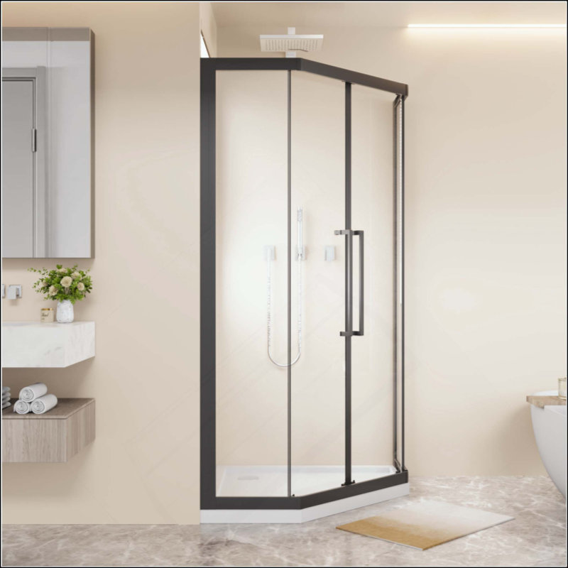 Porte de douche coulissante en verre trempé transparent en forme de losange, double roulettes et poignées en acier inoxydable
