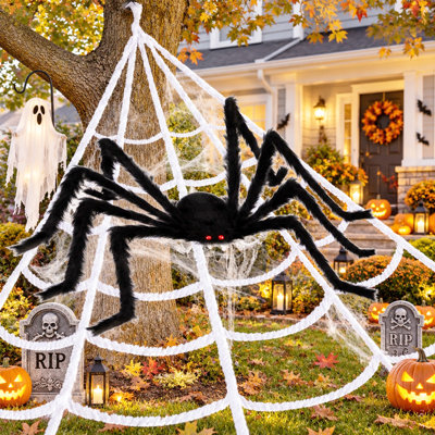 Décoration d'extérieur géante d'araignée pour l'Halloween, araignée noire poilue de 150 cm avec yeux rouges et pattes flexibles pour jardin, porche, pelouse et maison hantée (plusieurs tailles disponibles)