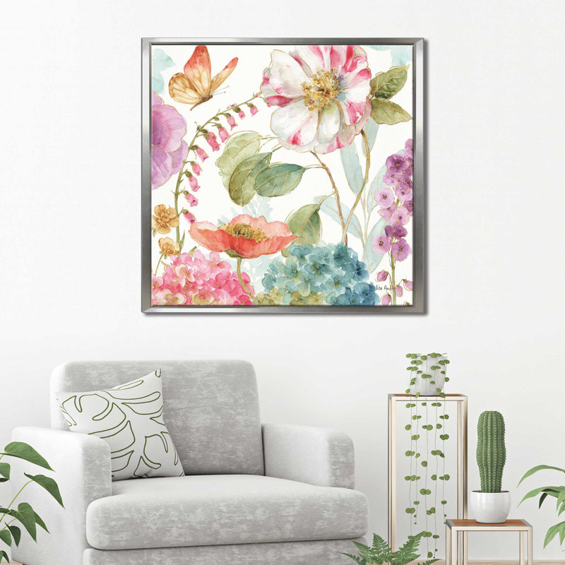«Rainbow Seeds Flowers II», reproduction de peinture à l'aquarelle, H 24 po x l 24 po x P 1,5 po, Cadre flottant argent