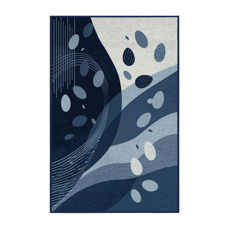 Machine Washable Elkton Easter Egg Basket Modern Abstract Rug in Blue – Navy Binding, 7x10