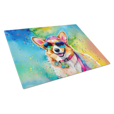 Grande planche à découper en verre Corgi Hippie Dawg