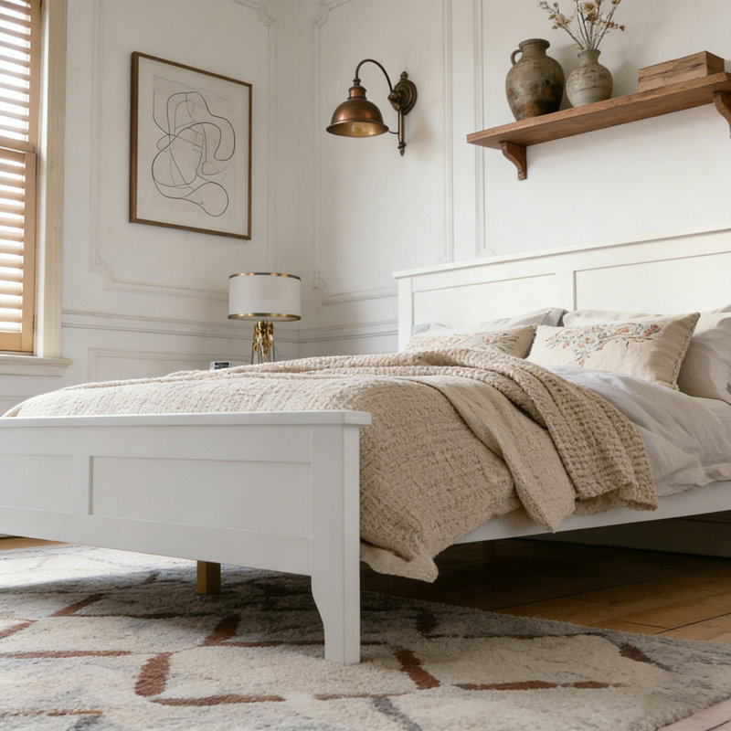 Modern Solid Wood Platform Bed, White, King