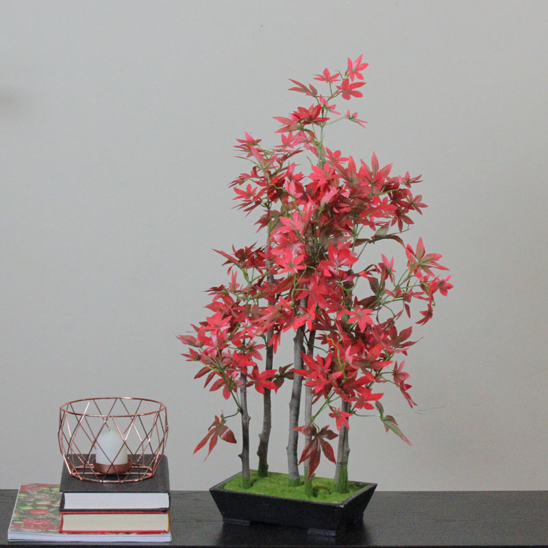 25" Artificial Red Japanese Maple Bonsai Tree with Weathered Base