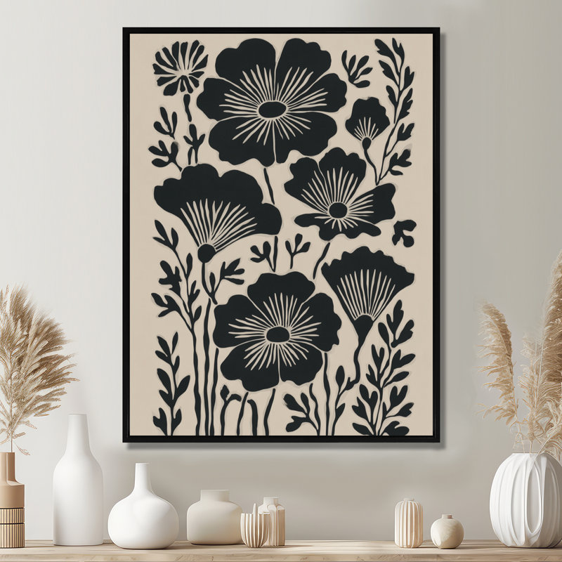Bleuet Meadows dans des tons de noir et de beige - Art mural sur toile fleurs de bleuet, H 20 po x l 12 po, Avec cadre, Noir