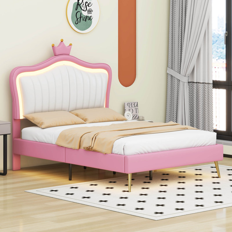 Lit princesse tapissier avec tête de lit Hanns, Double, Rose / blanc