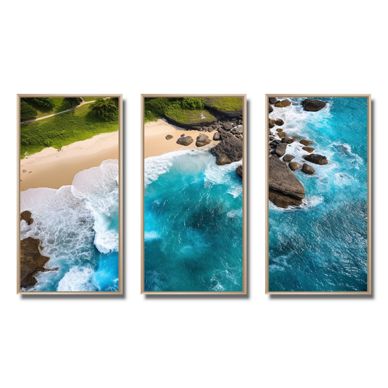Vue aérienne de la plage rocheuse V - art mural plage et océan, Cadre flottant brun, H 40 po x l 61 po x P 1 po