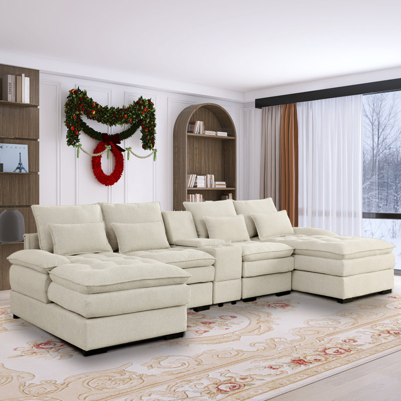  Alhertine Beige U-Shape Couch with Comfy Armrests & Seat Sectionals ,Console storage and Cup Holders, Beige Linen