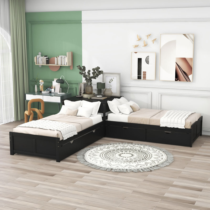 Divyanshi Twin Size L-shaped Platform Bed with Trundle and Drawers, Espresso