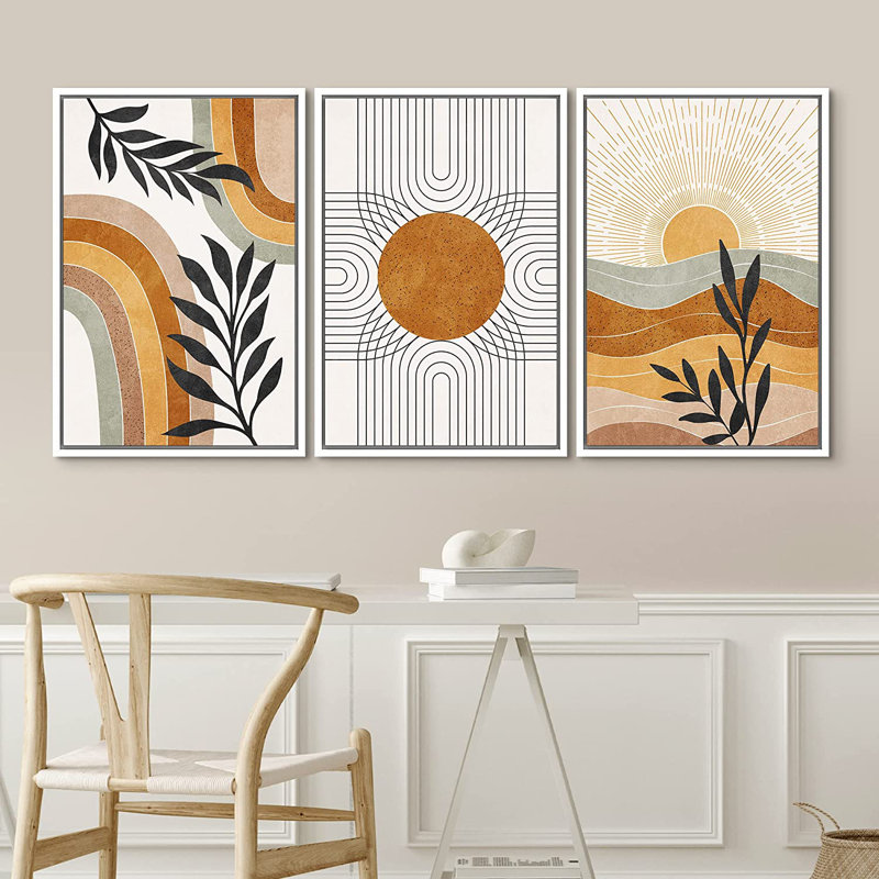 Mid-Century Geometric Sun Desert Plants - 3 Piece Floater Frame Graphic Art Set on Canvas, 48" W x 24" H, White