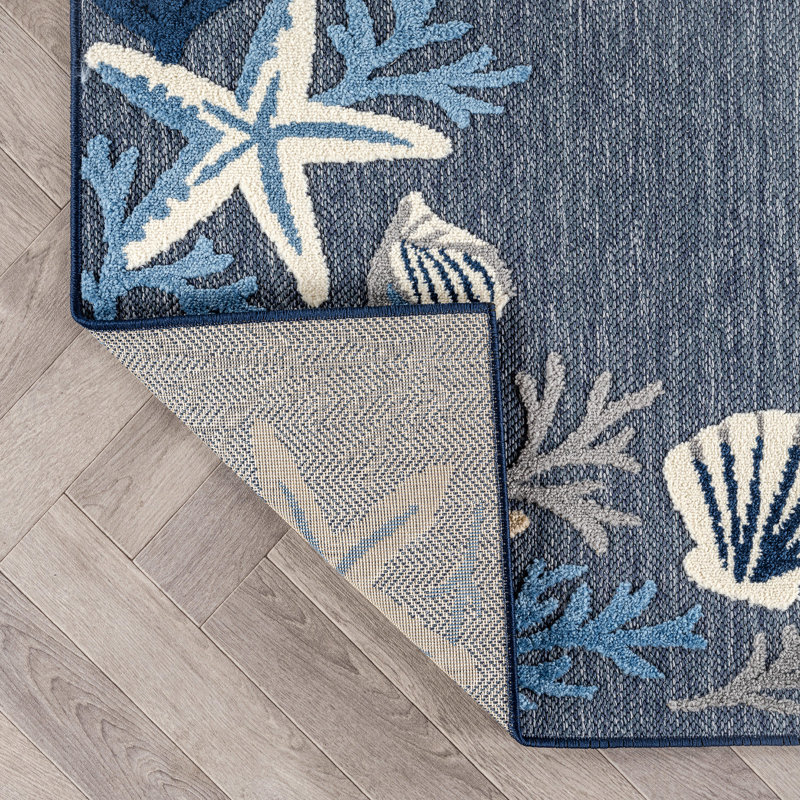 Tapis intérieur / extérieur bleu marine / ivoire Coastal Border, Marine, Rectangle 6 pi 7 po x 9 pi