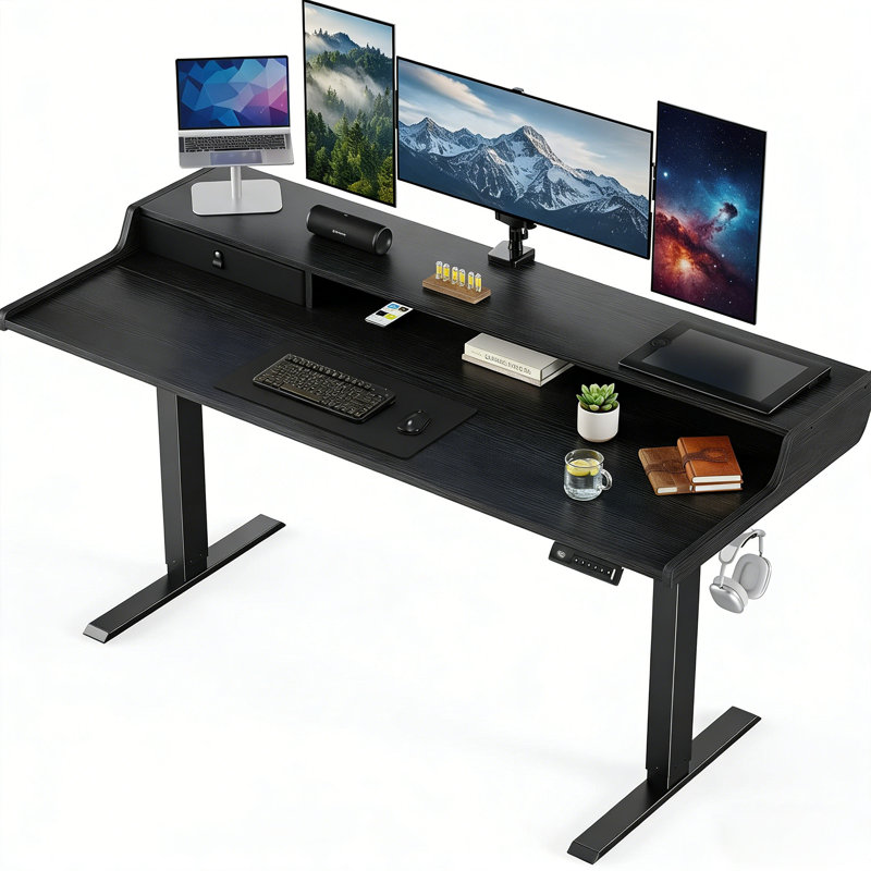 Adjustable Height Electric Standing Desk with Drawers for Home Office, Gaming Table with Storage Shelf & 4 Preset Heights
