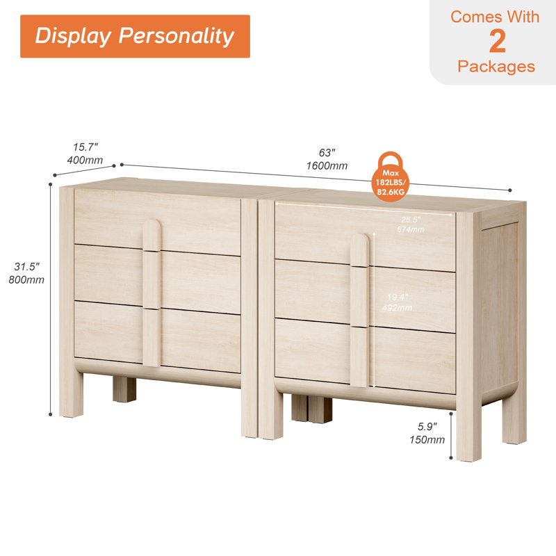 Ensemble de commode 3 tiroirs pour chambre à coucher de 2, commode de style Mid-Century moderne, rangement en bois avec 6 tiroirs pour le salon de la chambre à coucher