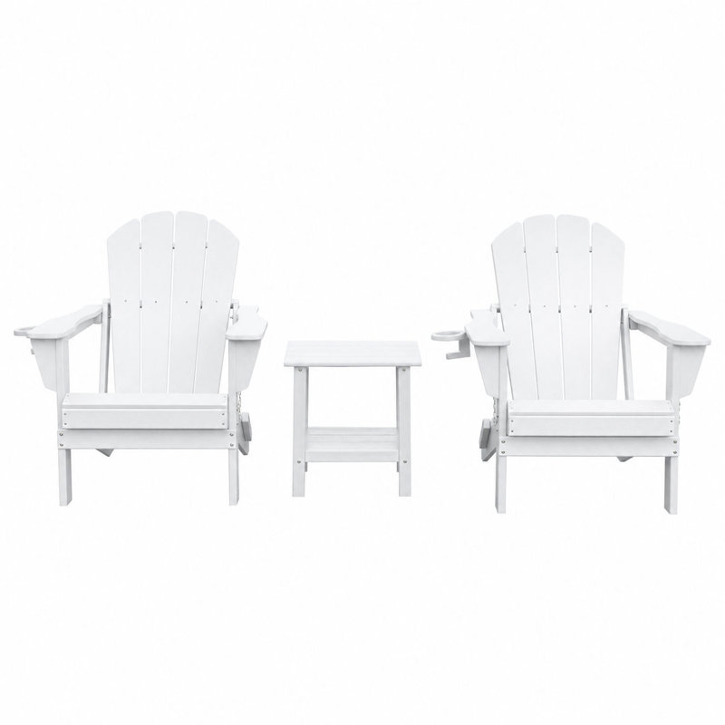 3-Piece HDPE Folding Adirondack Chair Set with Hidden Cup Holder & Side Table, All-Weather Outdoor Patio Chairs for Backyard, Fire Pit, Porch, Deck & Garden