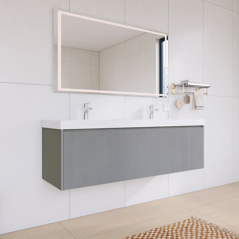 Meuble-lavabo flottant 60 po avec comptoir en acrylique 60 po | Armoire en bois cannelé, Gris clair, 60"
