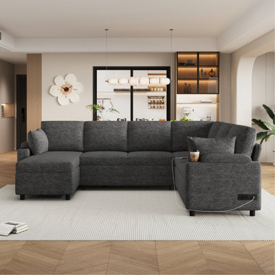 109.9" Sectional Sofa Versatile Sofa Bed Sofa Sleeper U-Shaped Sofa With Ample Storage Space, Two Cup Holders And Charging Ports For Living Room, Beige,Grey