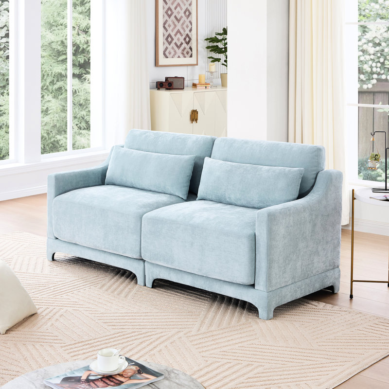 Fauteuil ergonomique à deux places bleu ciel en chenille, avec 2 coussins lombaires, structure en bois, éponge résiliente, pour décoration artisanale idéale en chenille