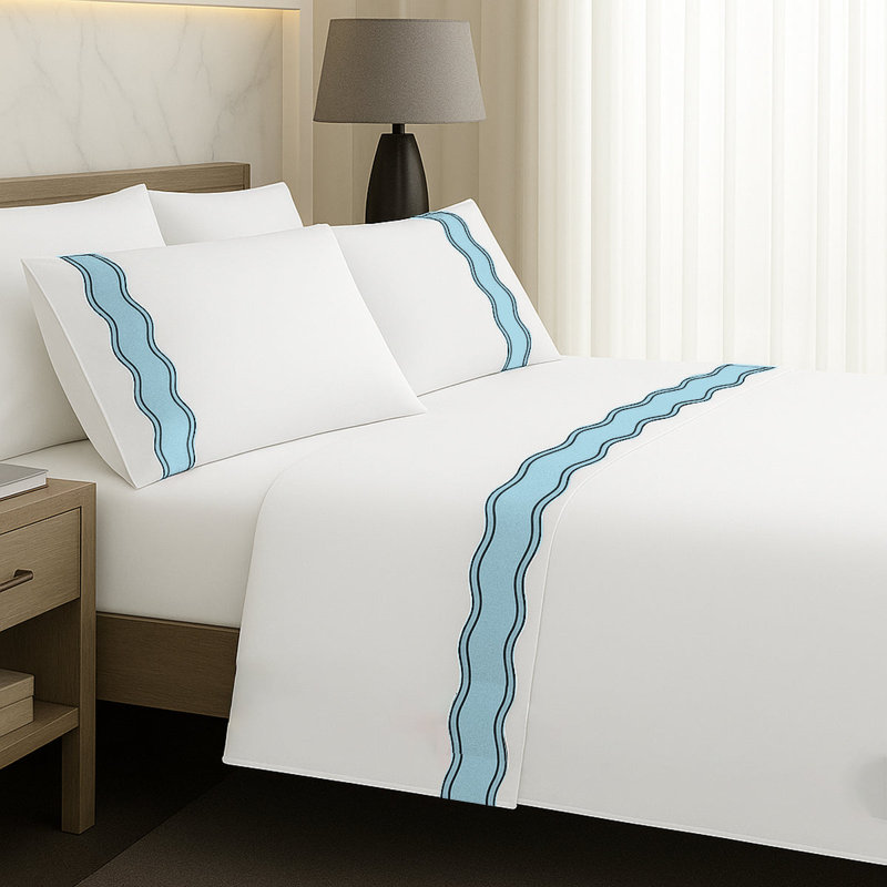 Linen Frame Trim Sheet Set, California King Sheet Set, Light Blue