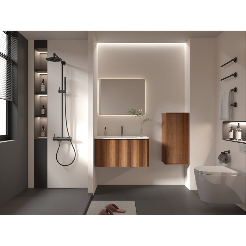 Bathroom Cabinet Unit, Striped Walnut Pattern, Push-Open Mechanism, Shelved Inside For Storage, Safe Curvy Shape, Engineered Wood Product Wall Style, Entrance, Interior Build, Material