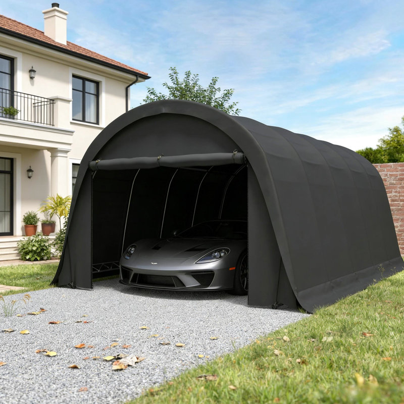 Abri de voiture portable ultra-résistant de 3,66 x 7,20 m avec protection UPF 50+ et piquets en spirale pour une installation sécurisée. Structure en acier galvanisé. Grande porte à fermeture éclair pour un accès rapide.