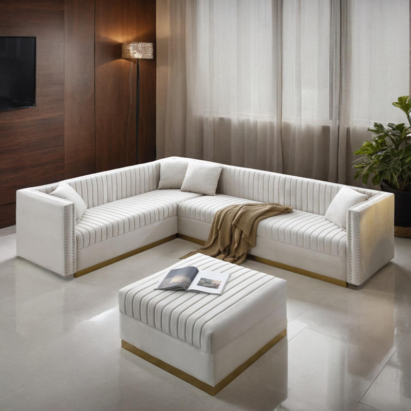 3 - Piece Velvet Sectional, Fayzan Beige Velvet