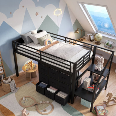  AVELOR Space-Saving Kids Loft Bed with Storage Stairs, Fabric Drawers & Built-In Lights for Organized Fun