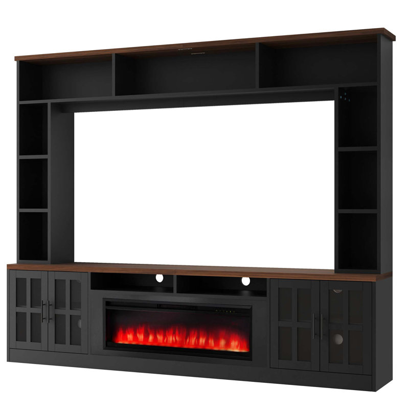 Modern Entertainment Centre with Electric Fireplace and Adjustable Shelves, Black;Brown