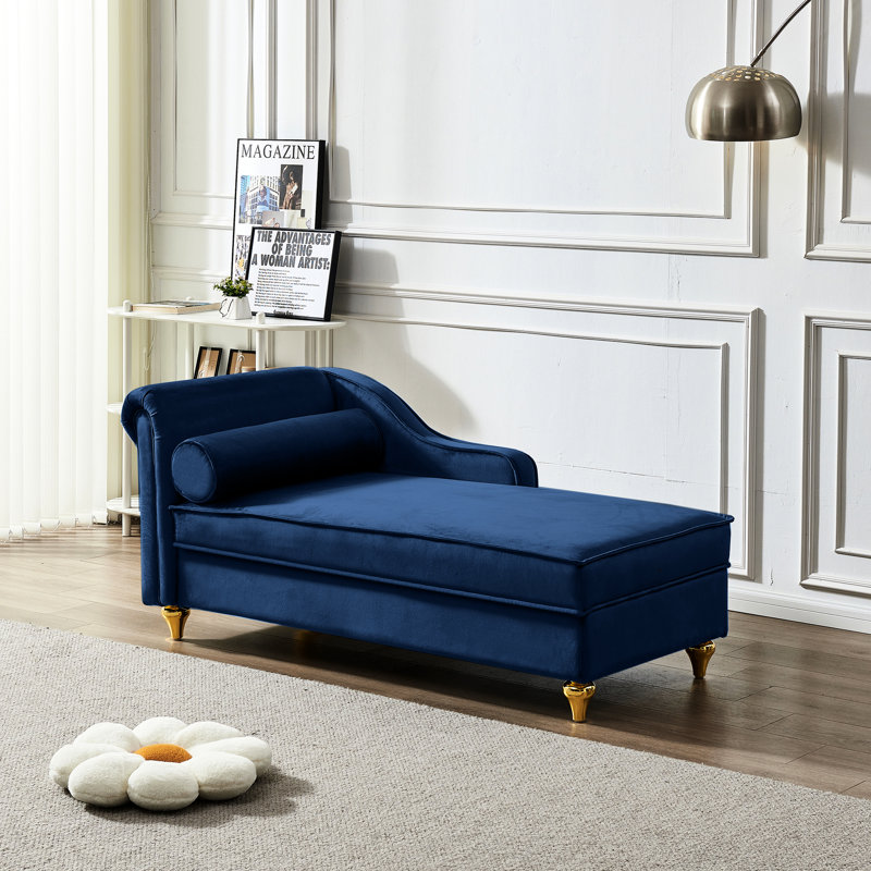 Méridienne confortable en velours bleu marine avec espace de rangement supplémentaire - Pieds dorés élégants pour la maison et métal