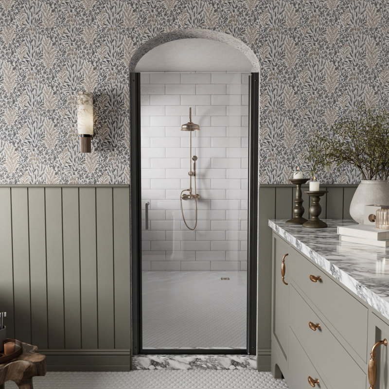 Porte de douche pivotante semi-sans cadre noir mat avec verre trempé de 1/4 po, joint magnétique et imperméable, 34"Wx72"H