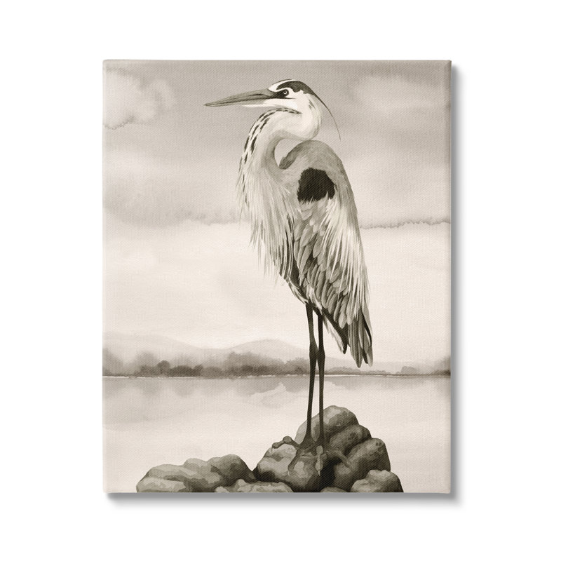 Héron gris perché sur toile par Grace Popp, Giclée encadrée blanc bord de mer, 20" H x 16" W