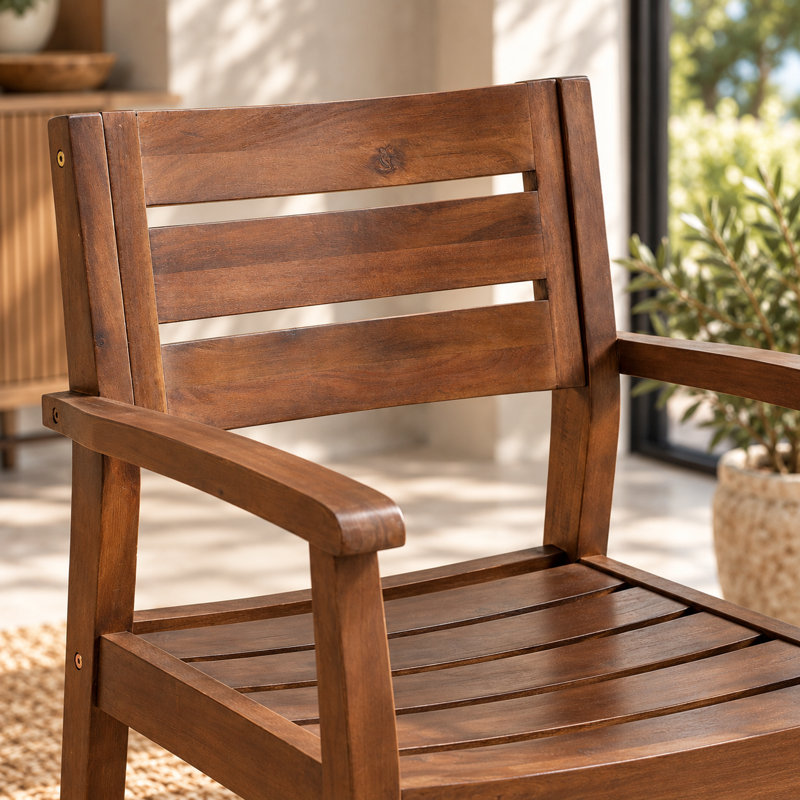 Ensemble de 2 chaises de jardin Shmily en bois d'acacia avec dossier à lattes, résistantes aux intempéries, Wanut