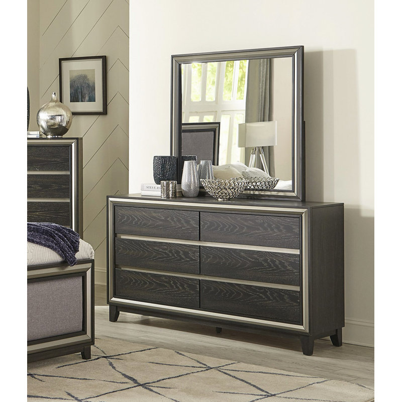 Commode moderne 1Pc avec 6 tiroirs à rainures et meubles en bois contemporains argentés