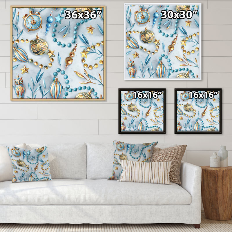 «Blue and Gold Christmas Tree Ornaments», reproduction d'art sur toile moderne, Cadre flottant érable