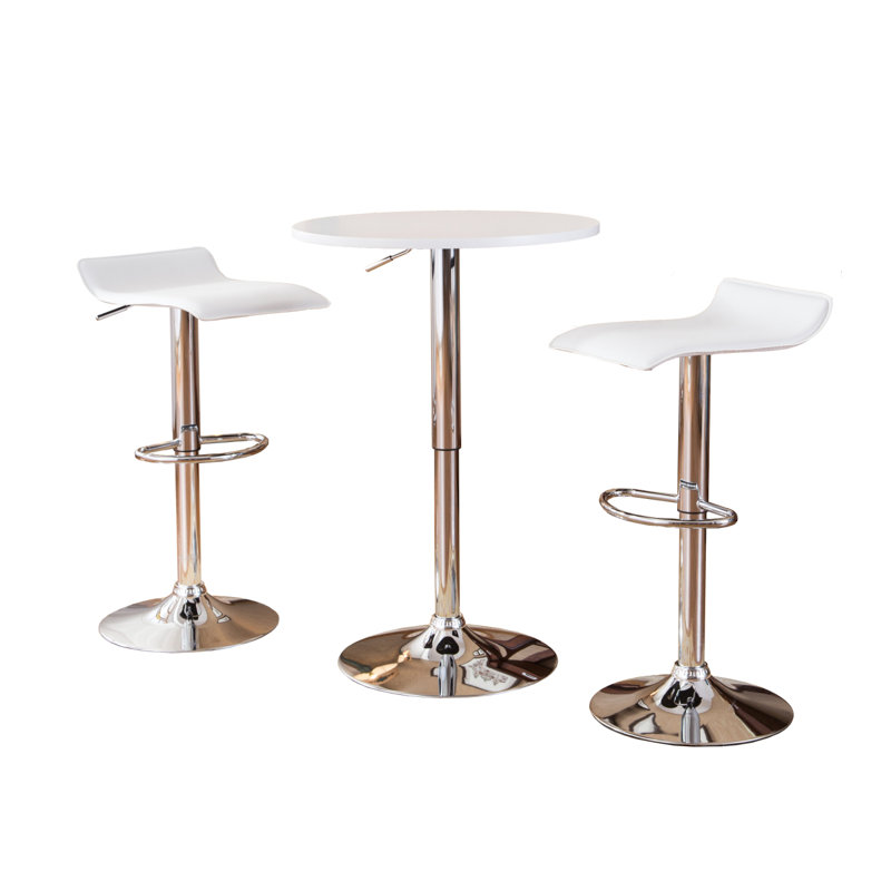 Adjustable Height Wood And Metal Bar Table And 2 Air Lift Adjustable Swivel Stools Set