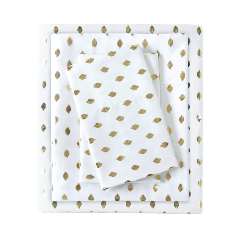  Metallic Polka Dot Printed Sheet Set, Twin Sheet Set + 1 Fitted Sheet + 2 Pillowcases, White/Gold