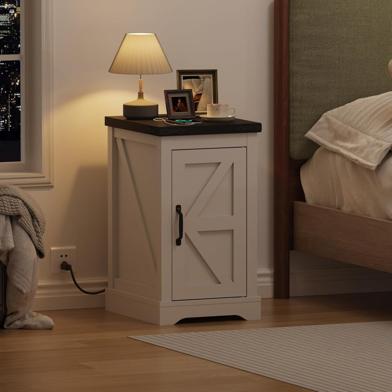 Farmhouse Style Side Table, Wood Construction, Adjustable Shelf, 2 AC Outlets and 2 USB Ports, Nightstand for Bedroom with Cable Management