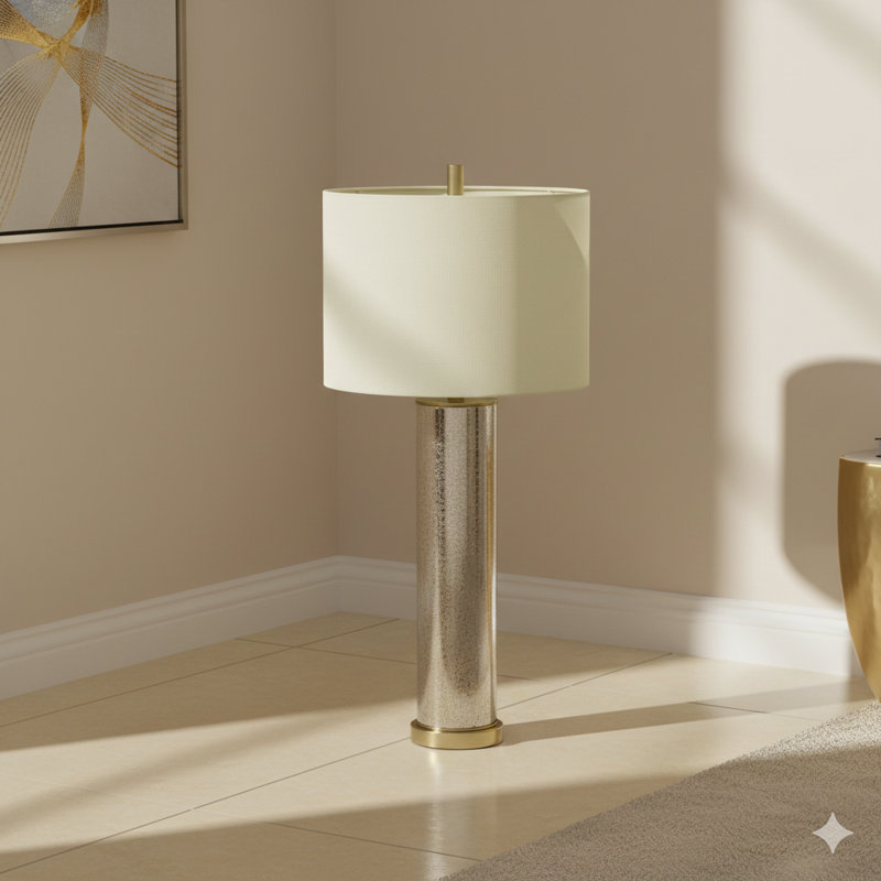 Lampe de table en verre doré 16 x 16 x 35 po avec abat-jour en tissu blanc