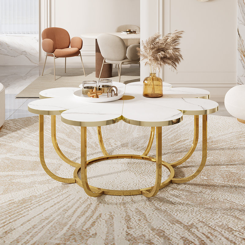 Behrett Flower-Shaped Coffee Table, White/Gold
