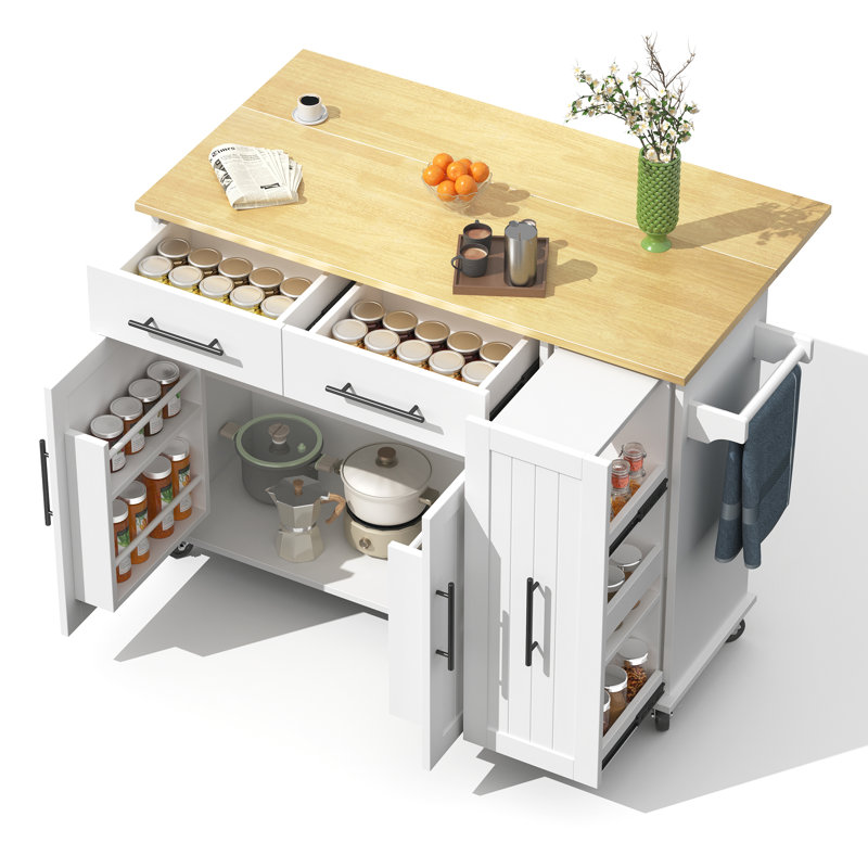 Kitchen Island With 2 Drawers And 2 Doors White, White