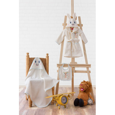 Soft & Cozy Baby Bath Set, 100% Cotton, Includes Bathrobe (0-2 Years) & Swaddle (27.6 x 27.6 inches) & Apron (9.8 x 9.8 inches) | Machine Washable, High Absorbency (330 g/m²), Cream Color | Perfect for Newborns & Infants