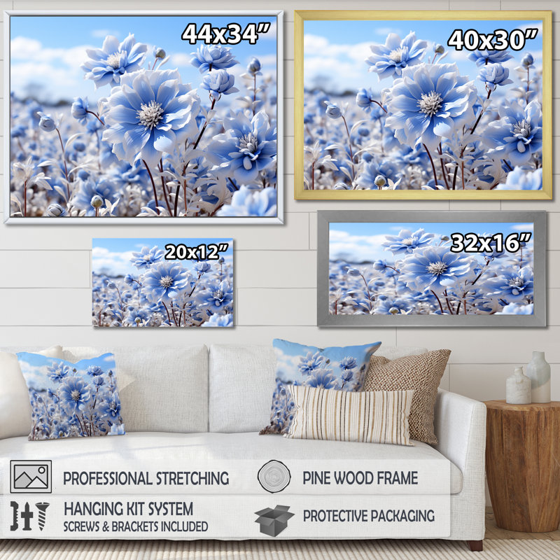 «Inviting Azure Flowers Field», reproduction sur toile, H 12 po x l 20 po x P 0,5 po, Cadre flottant doré