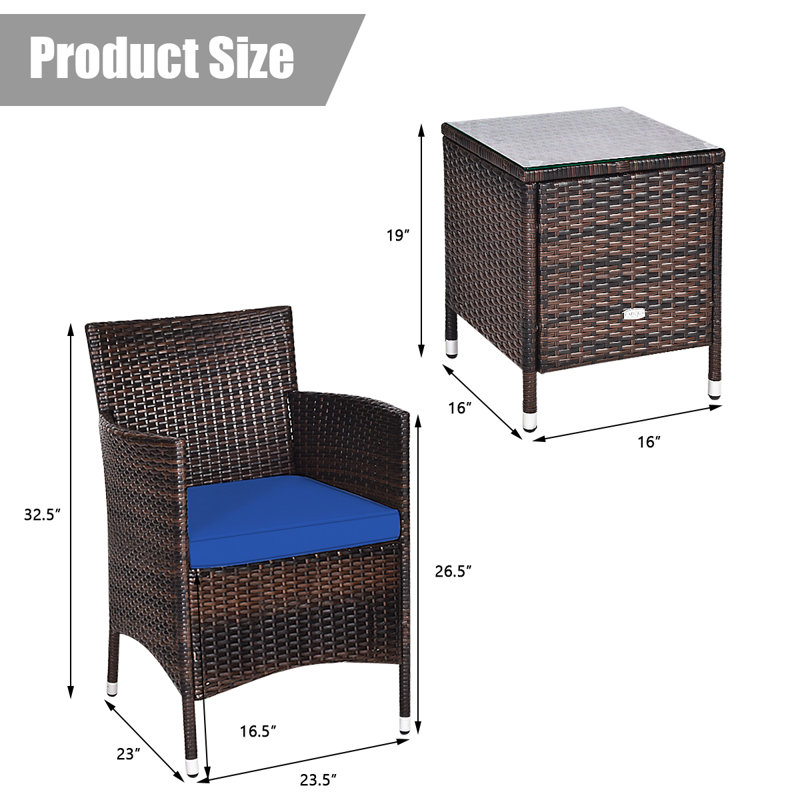 Ailith 3 Piece Rattan Seating Group with Cushions, Patio Conversation Set, Navy