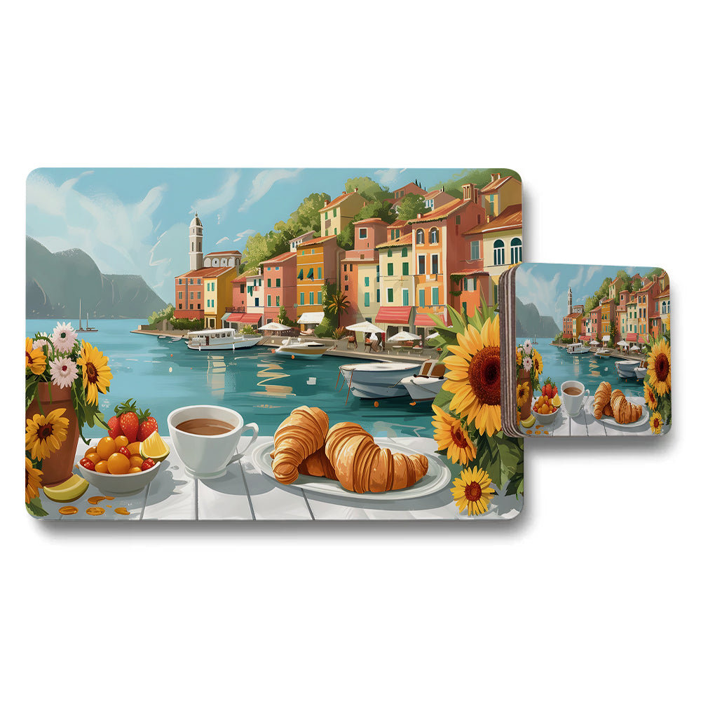 Mediterranean Harbor Village Placemats Coasters Set With Croissants And Coffee
