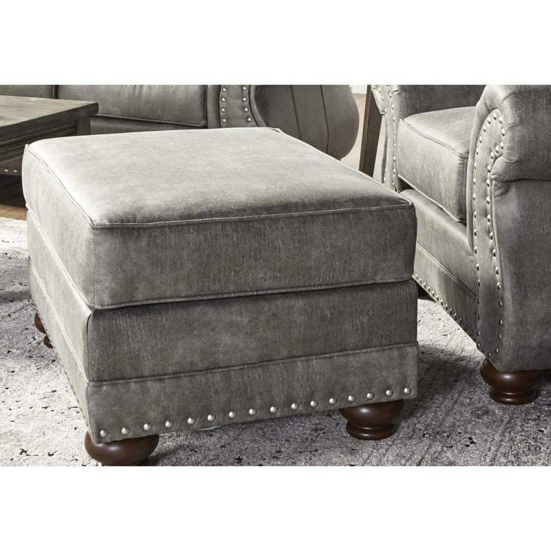 Similicuir gris pierre avec plateau supérieur - structure en bois, assise mi-ferme, rectangulaire, sans dossier, traditionnelle, garniture cloutée rectangulaire dans un décor traditionnel,